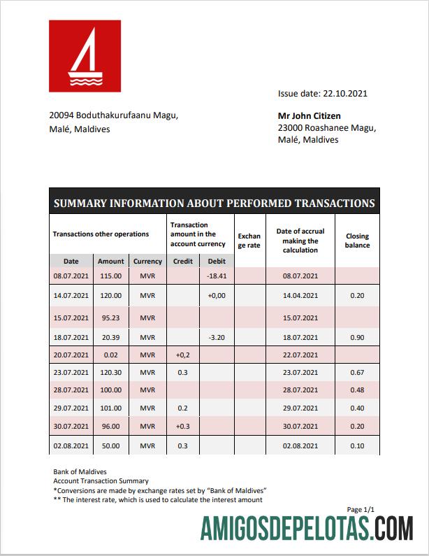 Modelo de extrato bancário em branco do Banco das Maldivas em formato Word e PDF